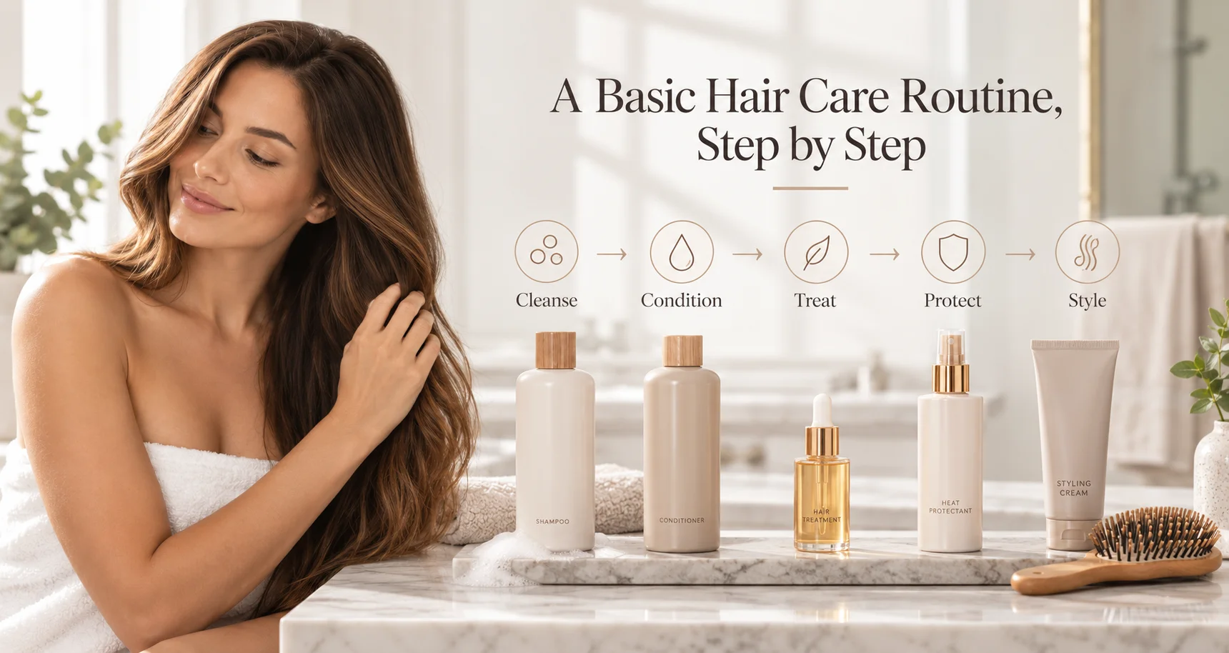 Hair Care Routine Woman with long hair in a towel touching her hair beside hair care products on a marble counter. Text explains a five-step hair care routine: cleanse, condition, treat, protect, and style.